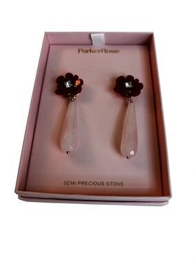Red Resin Flower Studs w/ Center Crystal & Elongated Teardrop Rose Quartz Stone.